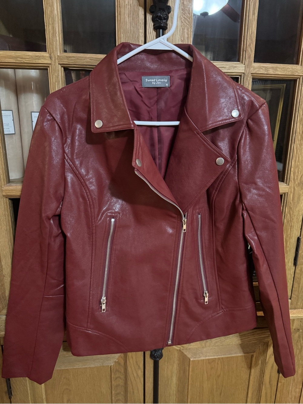 Sweet Love Women's Wine Red Faux Leather Moto Jacket